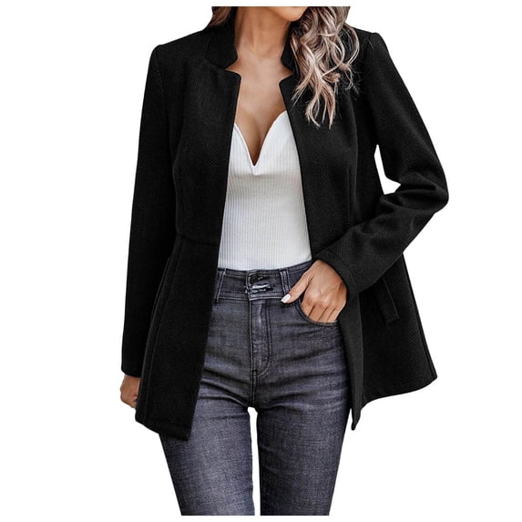 felwors Women’s Open Front Herringbone Blazer-Business Casual Long Sleeve Work Jacket with Full Lining and Padded Shoulders Black, L