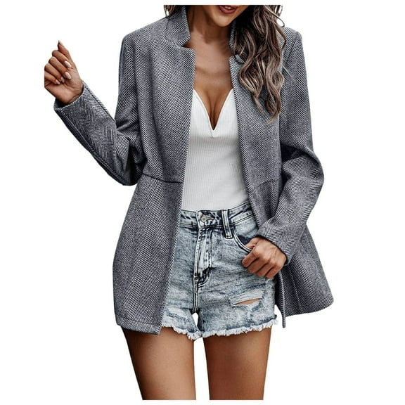 felwors Women’s Open Front Herringbone Blazer-Business Casual Long Sleeve Work Jacket with Full Lining and Padded Shoulders Grey, XL