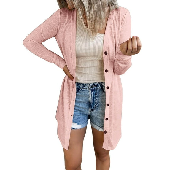 felwors Women's Open Front Lightweight Cardigan Long Sleeve Button Down Loose Outwear Trench Fall Clothes for Women 2025 Pink, M