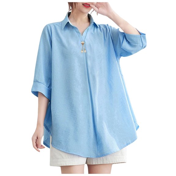 felwors Women's Oversized Button-Down Shirt with Decorative Pearl Button, 3/4 Cuffed Sleeves, Casual & Dressy Work Blouse Blue, XXL