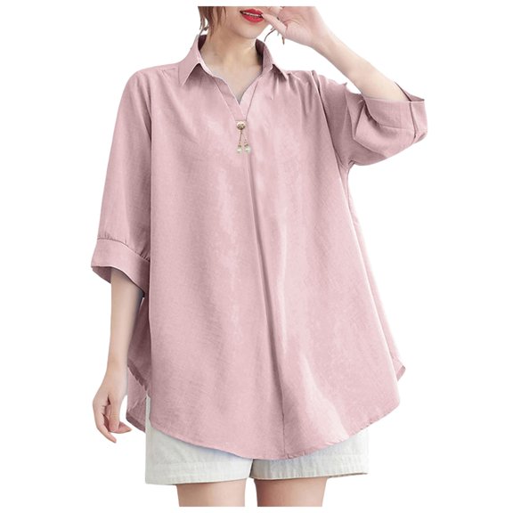 felwors Women's Oversized Button-Down Shirt with Decorative Pearl Button, 3/4 Cuffed Sleeves, Casual & Dressy Work Blouse Pink, XL