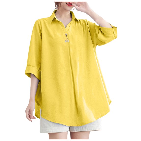 felwors Women's Oversized Button-Down Shirt with Decorative Pearl Button, 3/4 Cuffed Sleeves, Casual & Dressy Work Blouse Yellow, XXL