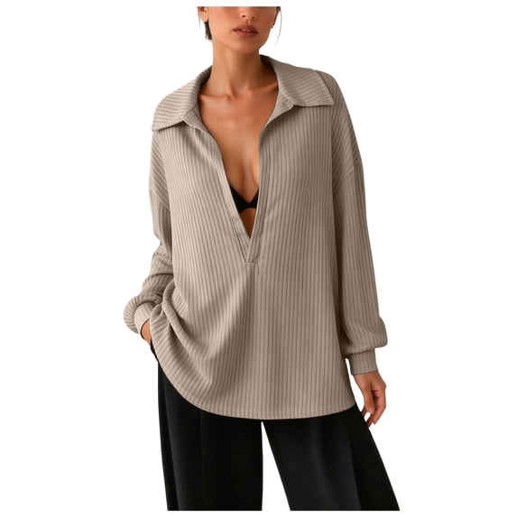 felwors Women's Oversized Button-Up Shirt Ribbed Long Sleeve Top with Deep V-Neck and Pleated Collar, Relaxed Fit Layering Piece for Casual (Khaki, M)