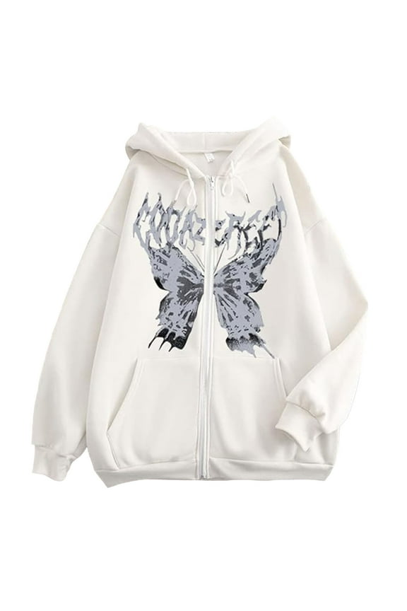 Women's Oversized Full-Zip Hoodie – Vintage Grunge Butterfly Graphic, Kangaroo Pockets | Streetwear-Inspired Casual Style White, XXXL