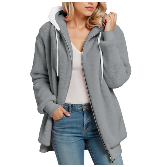 felwors Women's Oversized Fuzzy Fleece Sherpa Zip Up Hoodie Jacket Winter Warm Outerwear Coat Light Gray, XXXXL