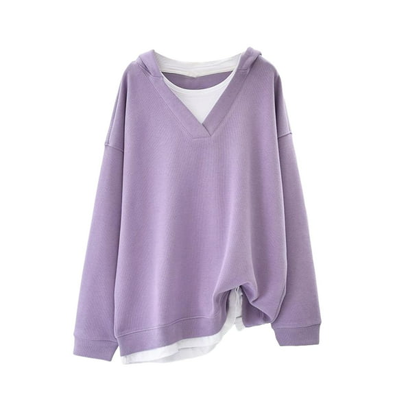felwors Women's Oversized Hooded Sweatshirt - Casual V-Neck Layered Pullover for Daily Wear Purple, L