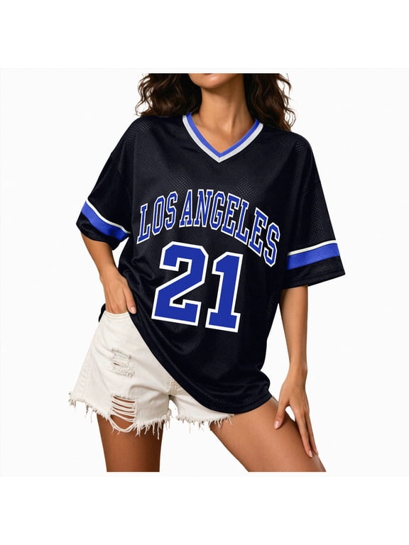 Women's Oversized Mesh Baseball Jersey Top Los Angeles Graphic V-Neck Short Sleeve Tee for Streetwear Casual Blue for Size S