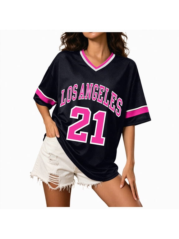 Women's Oversized Mesh Baseball Jersey Top Los Angeles Graphic V-Neck Short Sleeve Tee for Streetwear Casual Hot Pink for Size S