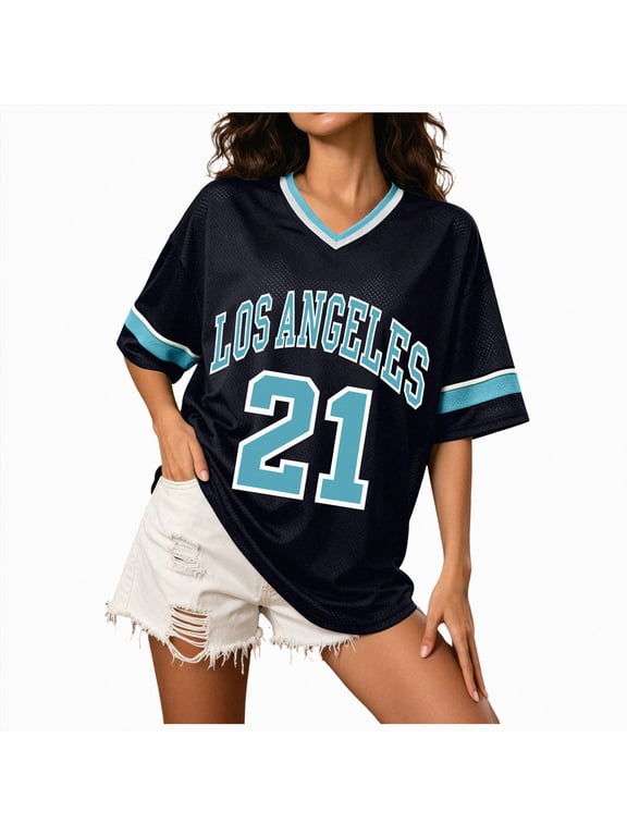 Women's Oversized Mesh Baseball Jersey Top Los Angeles Graphic V-Neck Short Sleeve Tee for Streetwear Casual Sky Blue for Size S