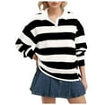 thumbnail image 1 of felwors Women's Oversized Striped Polo Sweatshirt Long Sleeve Rugby Collared Pullover Tops Loose Fit Shirt Black, L, 1 of 5
