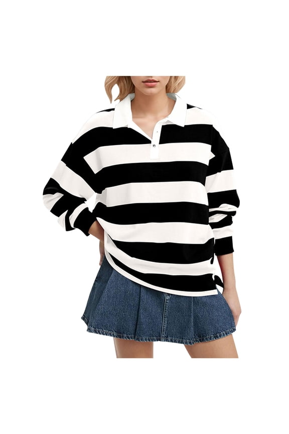 Women's Oversized Striped Polo Sweatshirt Long Sleeve Rugby Collared Pullover Tops Loose Fit Shirt Black, M