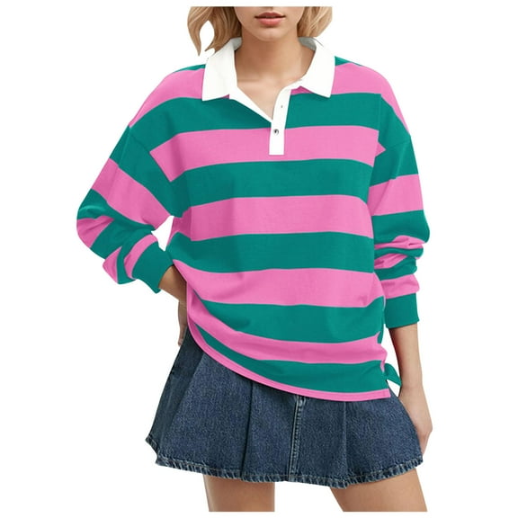 felwors Women's Oversized Striped Polo Sweatshirt Long Sleeve Rugby Collared Pullover Tops Loose Fit Shirt Pink, XL