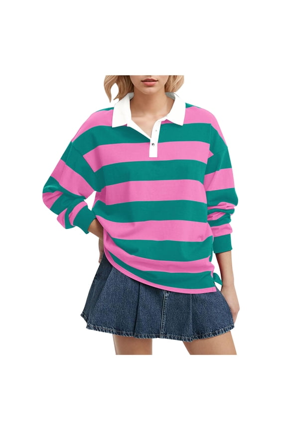 Women's Oversized Striped Polo Sweatshirt Long Sleeve Rugby Collared Pullover Tops Loose Fit Shirt Pink, XL