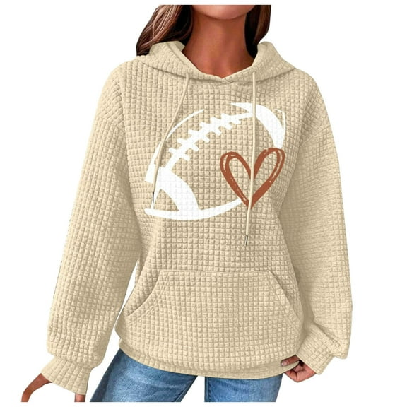 felwors Women's Oversized Waffle Knit Hoodie with Football & Heart Graphic - Casual Kangaroo Pocket Sweatshirt Beige, S