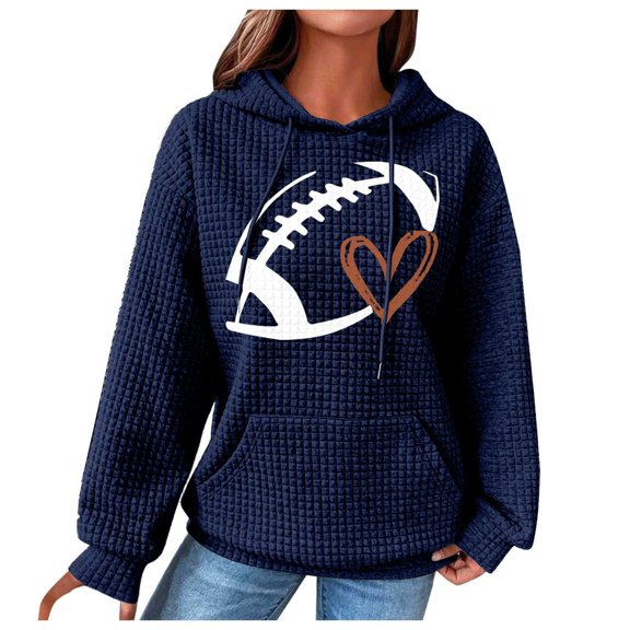 felwors Women's Oversized Waffle Knit Hoodie with Football & Heart Graphic - Casual Kangaroo Pocket Sweatshirt Blue, S
