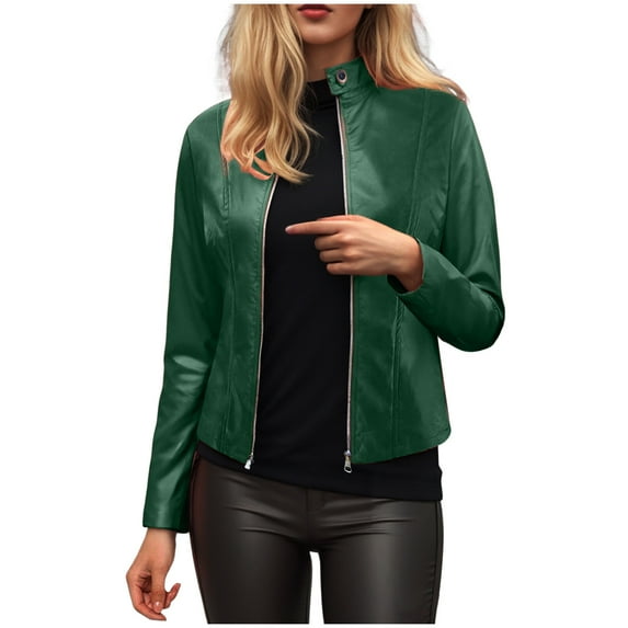 felwors Women's PU Leather Jacket Biker Jacket with Pockets Vintage Short Coat for Autumn Spring Green, M