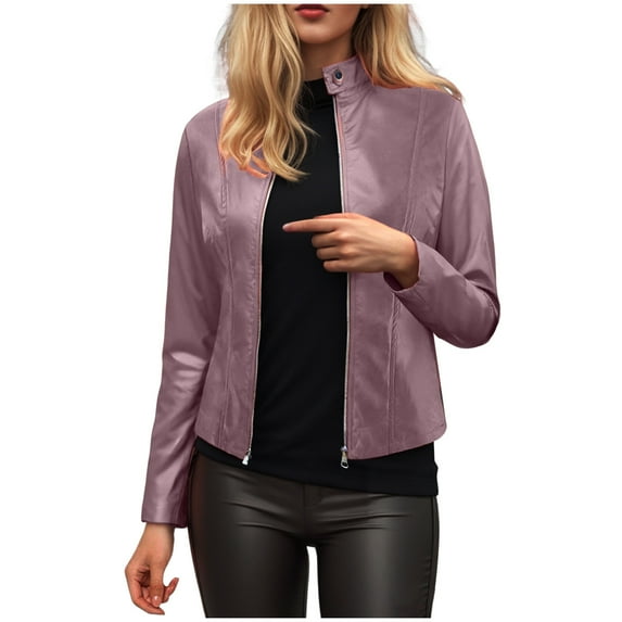 felwors Women's PU Leather Jacket Biker Jacket with Pockets Vintage Short Coat for Autumn Spring Light Purple, S