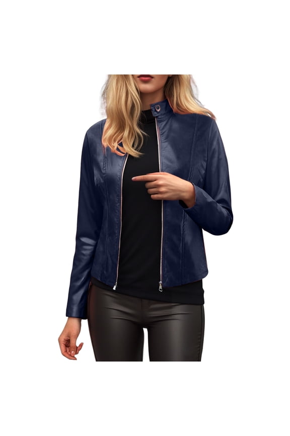 Women's PU Leather Jacket Biker Jacket with Pockets Vintage Short Coat for Autumn Spring Navy, XXL