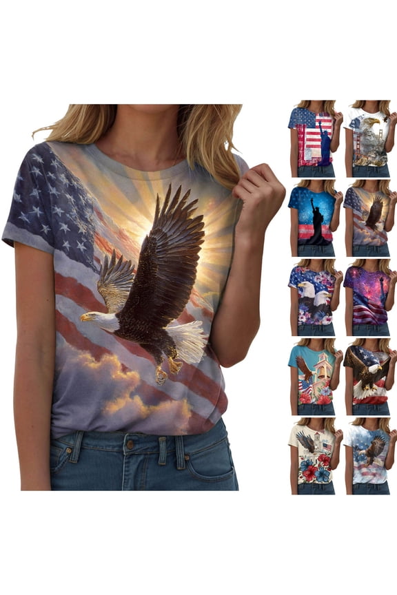 Women's Patriotic Graphic T-Shirt – USA Flag & Bald Eagle Print, Short Sleeve Crew Neck Tee for Patriotic Events and Celebrations (Light Gray, L)