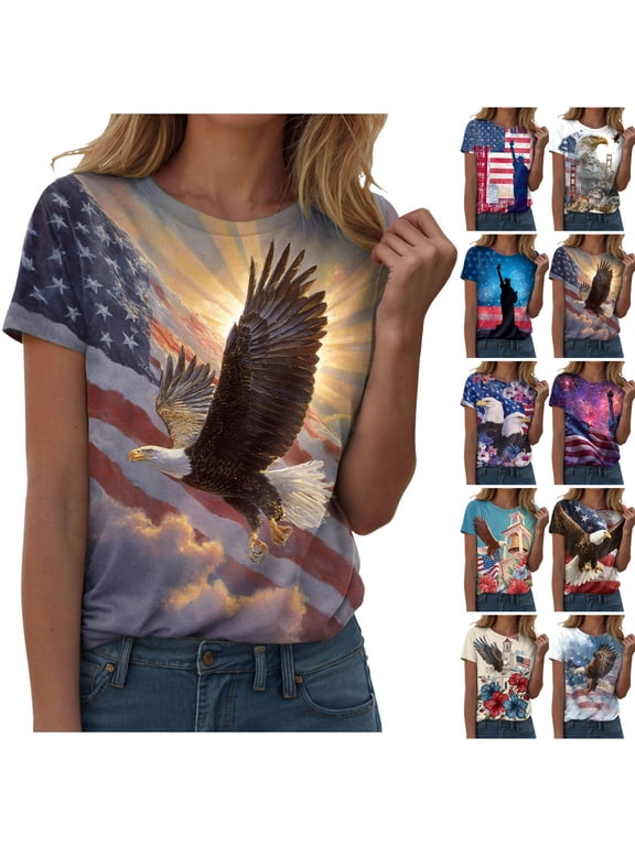 Women's Patriotic Graphic T-Shirt – USA Flag & Bald Eagle Print, Short Sleeve Crew Neck Tee for Patriotic Events and Celebrations (Red, L)