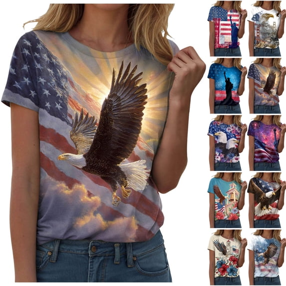 felwors Women's Patriotic Graphic T-Shirt – USA Flag & Bald Eagle Print, Short Sleeve Crew Neck Tee for Patriotic Events and Celebrations (White, M)