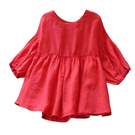 felwors Women's Peplum Tops 3/4 Lantern Sleeve Crewneck Loose Babydoll Shirt Blouse Red, XL