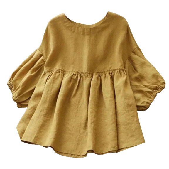 felwors Women's Peplum Tops 3/4 Lantern Sleeve Crewneck Loose Babydoll Shirt Blouse Yellow, XXXXL