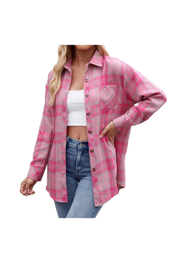 Women's Plaid Flannel Button-Down Shirt - Oversized Long Sleeve Casual Shirt Jacket for Fall & Winter Hot Pink, XXL