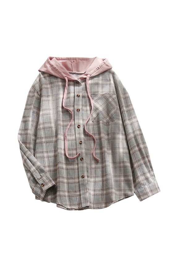 Women's Plaid Flannel Hoodie Shirt - Long Sleeve Cotton Button-Down Casual Jacket Red, XXL