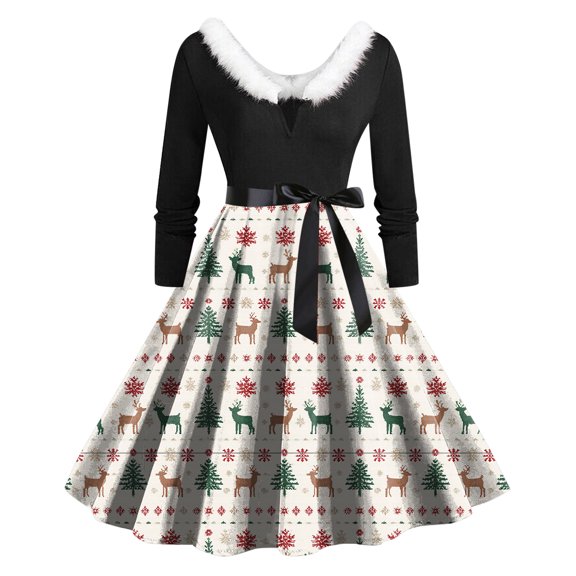 felwors Women's Plaid Tree and Candy Print Swing Dress with Faux Fur Collar and Belted Waist Beige, XL