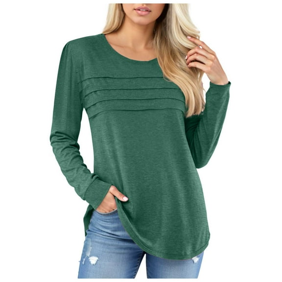 felwors Women's Pleated Tunic Tops Fall Long Sleeve Blouses Fashion Curved Hem Shirts Dressy Casual Dark Green, XL