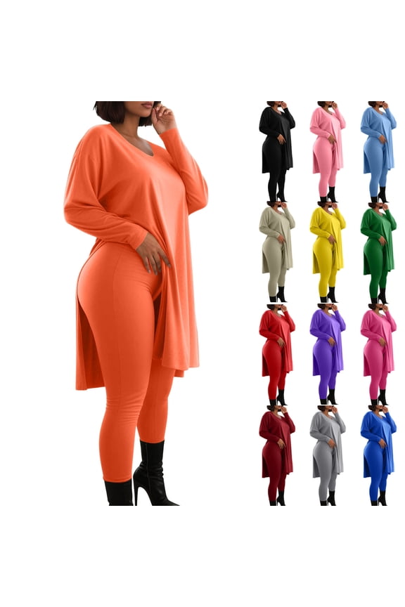 Women's Plus Size 2-Piece Tunic Legging Set V-Neck Long Sleeve Top with Side Split High-Waisted Stretch Leggings in Solid Colors（Wine， XXXL）