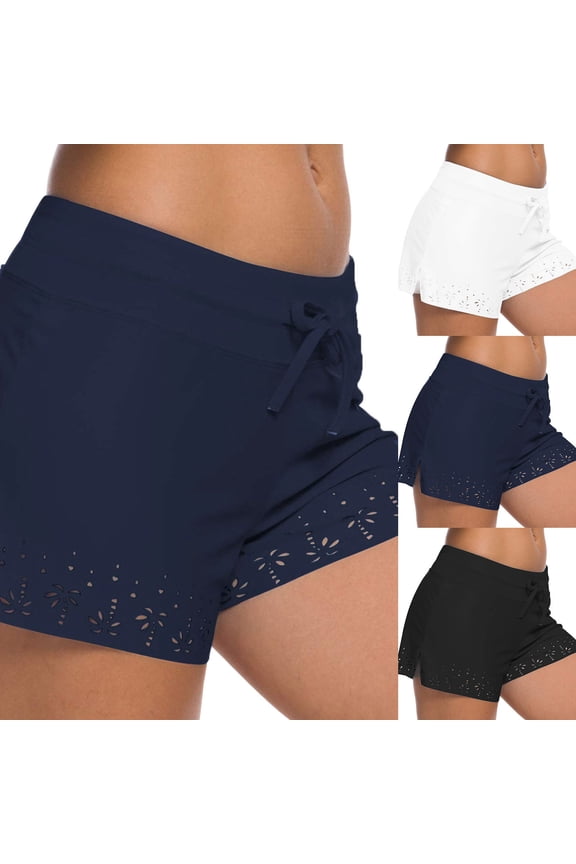 Women's Plus Size Beach Pool Swim Shorts - Mid Waist Lined Drawstring Waist Side Cutout Palm Tree Full Coverage Bathing Suit Bottoms (Black, M)