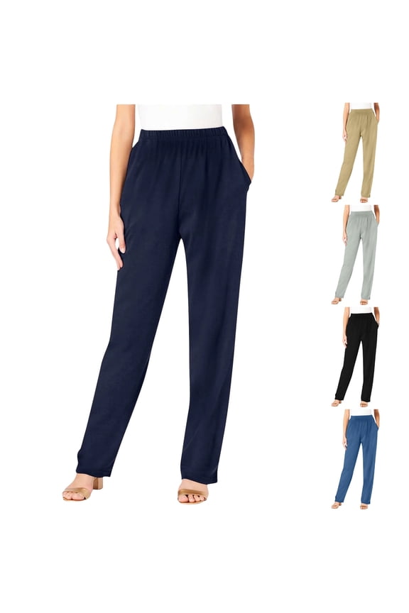 Women's Pull-On Knit Pants with Elastic Waist Pockets Soft Comfortable Casual Trousers for Everyday Wear and Travel(Black, L)