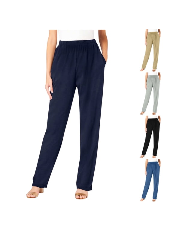 Women's Pull-On Knit Pants with Elastic Waist Pockets Soft Comfortable Casual Trousers for Everyday Wear and Travel(Navy, L)