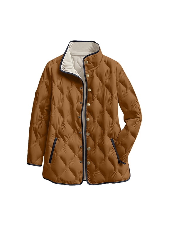 Women's Quilted Barn Jackets Trendy Puffer Coats Quilted Bomber Jacket Lightweight Warm Winter Outerwear with Pockets Brown, S