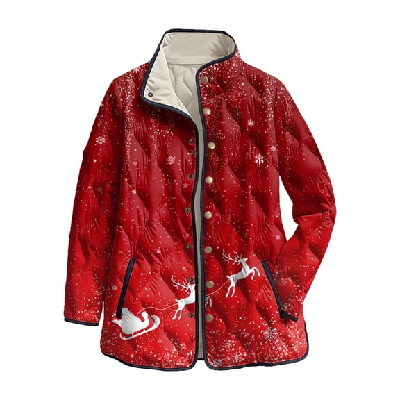 felwors Women's Quilted Coat with Christmas Reindeer Snowflake Print for Middle-Aged Senior Women Red, L