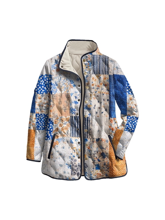 Women's Quilted Coat with Geometric Square Print, Stand Collar Lightweight Outerwear for Fall Winter White, L