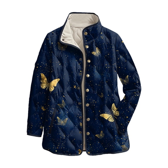 felwors Women's Quilted Coat with Plaid Print, Stand Collar Lightweight Outerwear for Fall Winter Dark Blue, S