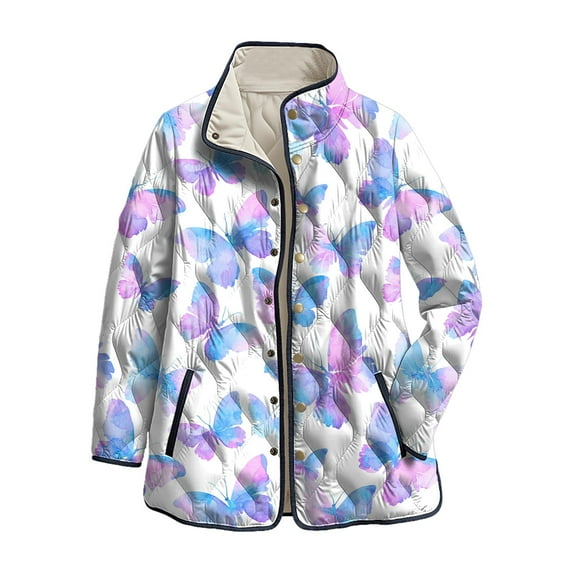 felwors Women's Quilted Coat with Plaid Print, Stand Collar Lightweight Outerwear for Fall Winter Light Purple, S