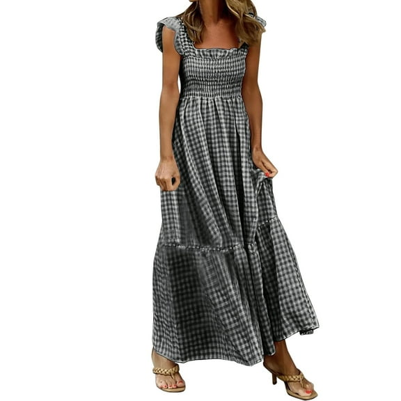 felwors Women's Retro Plaid Smocked Dress Spaghetti Strap Flounce Long Dress Black, L