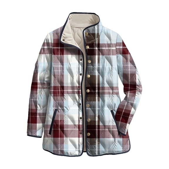 felwors Women's Reversible Quilted Coat with Plaid Print, Stand Collar Lightweight Outerwear for Fall Winter Light Blue, L