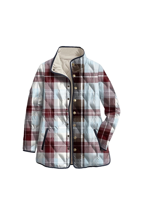 Women's Reversible Quilted Coat with Plaid Print, Stand Collar Lightweight Outerwear for Fall Winter Light Blue, L