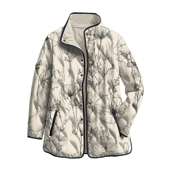 felwors Women's Reversible Quilted Coat with Vintage Rug Print, Stand Collar Lightweight Outerwear for Fall Winter Beige, S