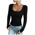 thumbnail image 1 of felwors Women's Ribbed Long Sleeve Scoop Neck Fitted T-Shirt - Basic Casual Slim Fit Stretch Tee for Everyday Wear Black, M, 1 of 6