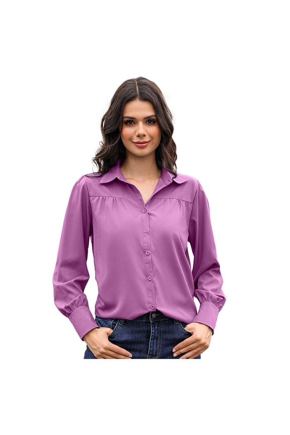 felwors Women's Ruched Bust Puffed Cuffs Button Up Shirt Relaxed Fit Long Sleeve Casual Chic Layering Top for Office Spring Everyday Wear (Purple, L)