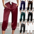 thumbnail image 1 of felwors Women's Satin Capri Joggers High Rise Cropped Lounge Pants with Elastic Cuffs Pockets（Coffee， L）, 1 of 5