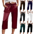 thumbnail image 1 of felwors Women's Satin Capri Pants High Rise Cropped Lounge Trousers with Pockets Sheen（Navy， S）, 1 of 5