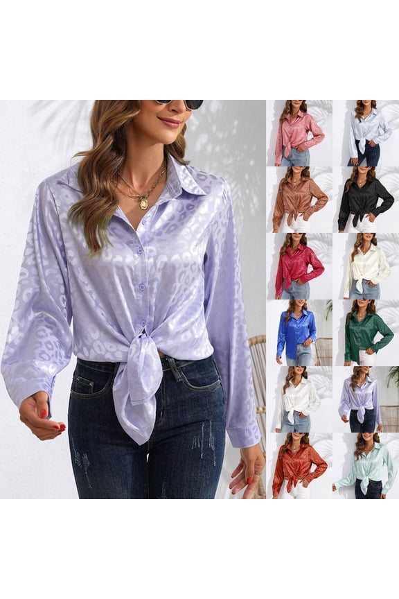 Women's Satin Leopard Print Button-Down Shirt Trendy Long Sleeve Blouse for Casual Party Wear (Pink, L)