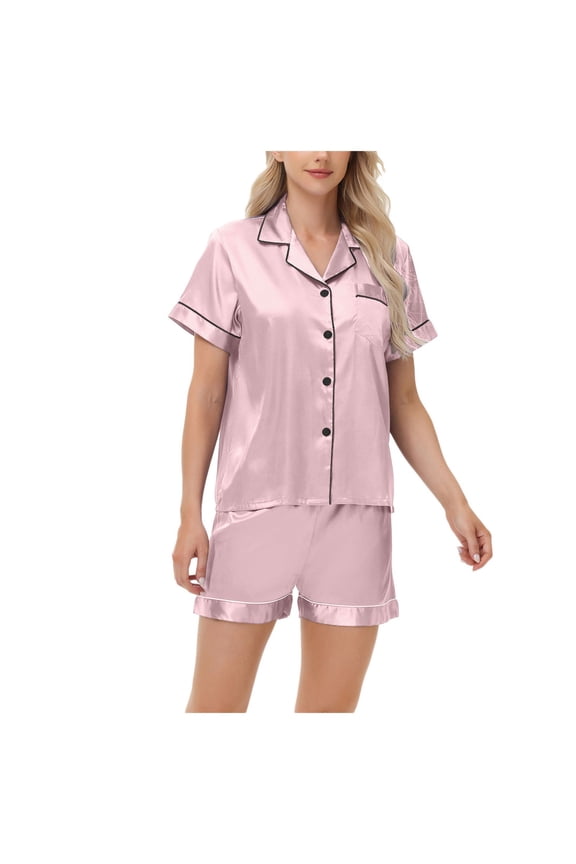 Women's Satin Pajama Set 2-Piece Sleepwear Loungewear Button Down Short Sleeve Silky PJ Set Pink, S